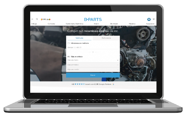 Laptop with B-Parts homepage open, where it's asked auto parts