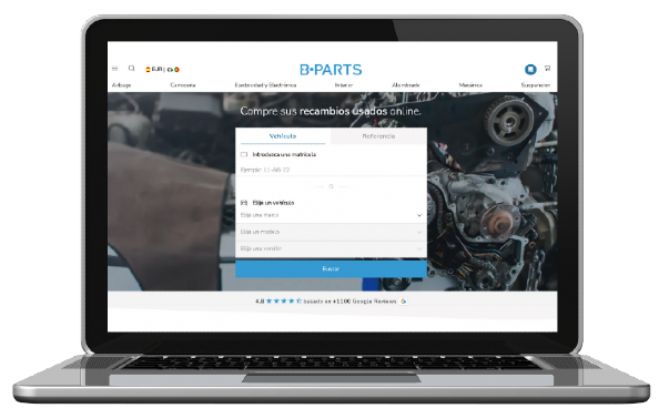 Computador portátil com a homepage da B-Parts, na qual é pedida informação sobre a peça automóvel