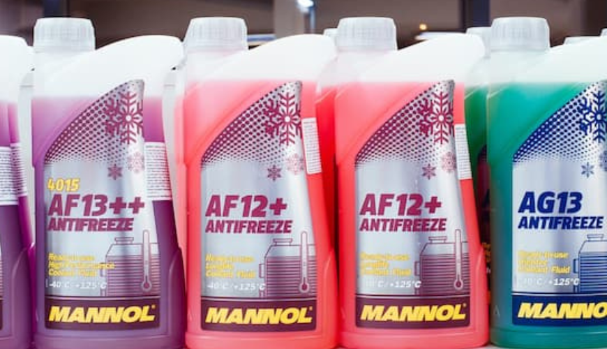 Antifreeze liquid bottles on a shelf