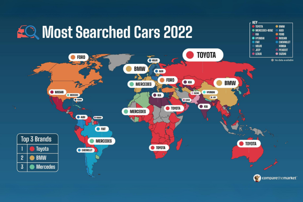 A world map with the name of the car brand most searched in each country