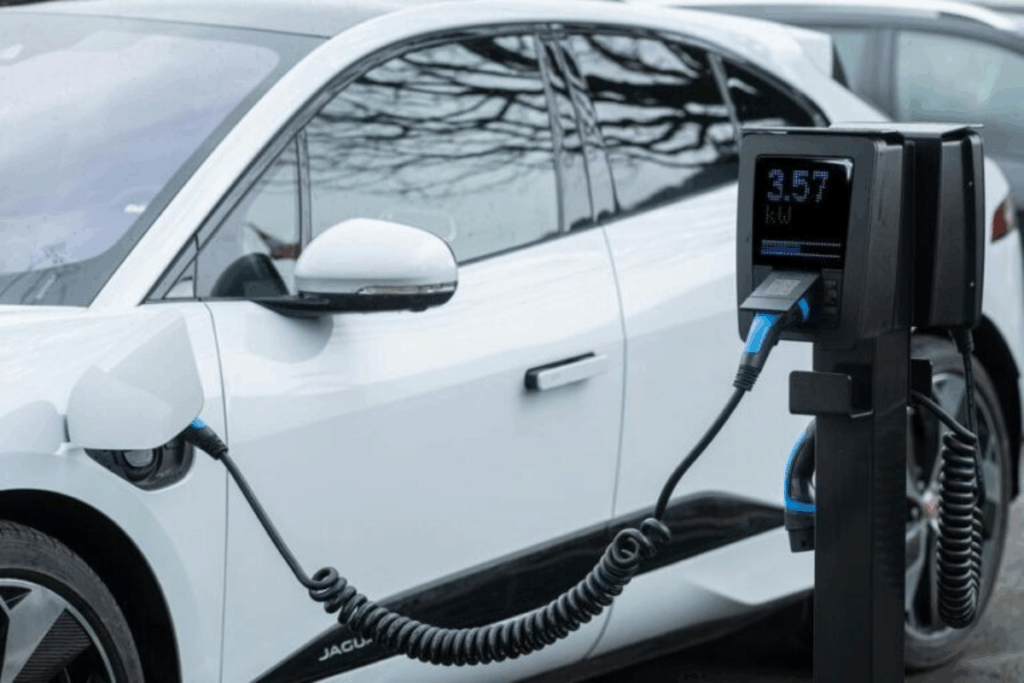 voiture électrique blanche en train de se charger via une wallbox